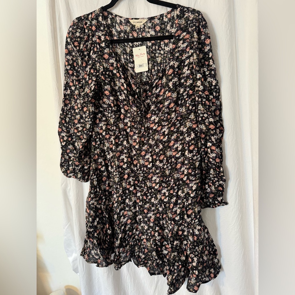 Lucky Brand Black Floral Ruffled Mini Dress with Pink & CreamSize Small.Side Zip